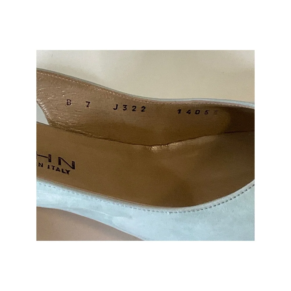 St. John Slingback Heel Nappa Leather Pointed Toe‎ Light Blue Gold Chain Italy 7